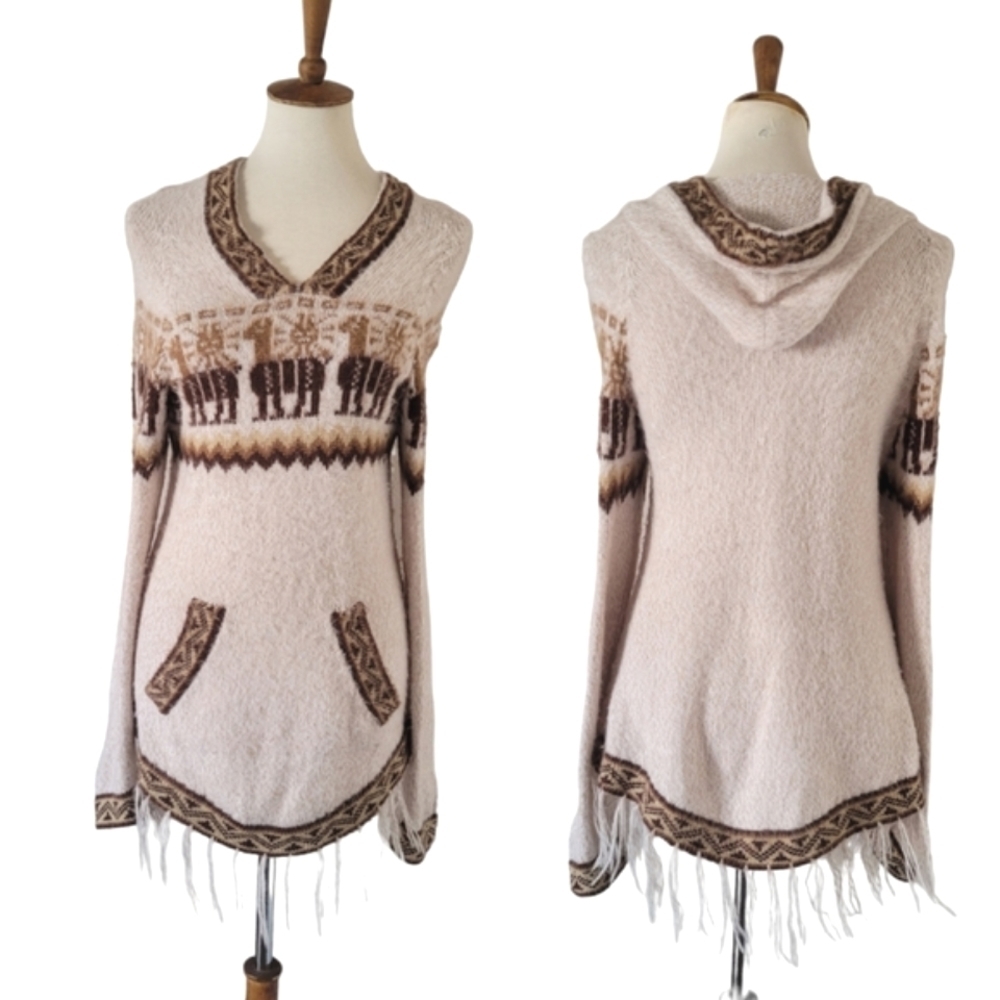 Creaciones Abieli Peru Alpaca Hooded Sweater Fringed‎ Sweater